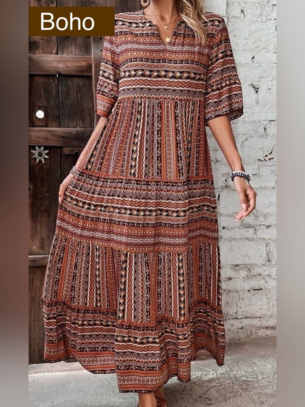 SHEIN Breezaya Rust Multi Boho Tiered Maxi Dress NWOT Sz M